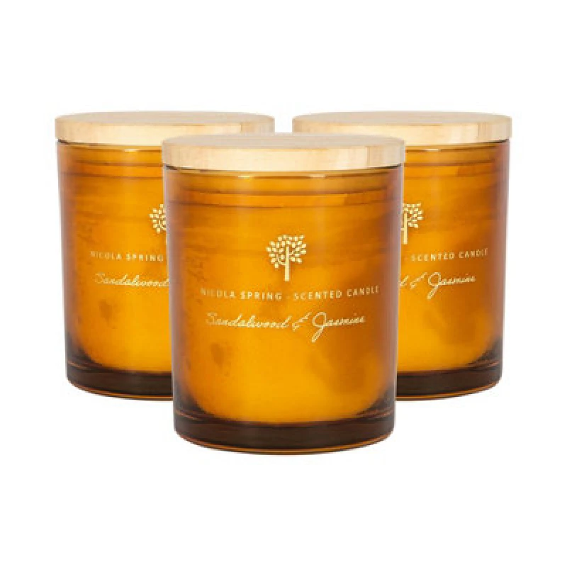 Image of Nicola Spring 3X Scented Candles - 130G - Sandalwood & Jasmine - Sweet Creamy Fragrance Jarred Long Burn Home Fragrance Candle