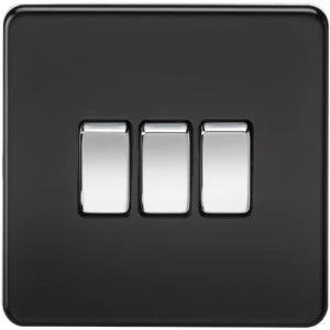 Image of KnightsBridge 10A 3G 2 Way 230V Screwless Matt Black Electric Wall Plate Switch