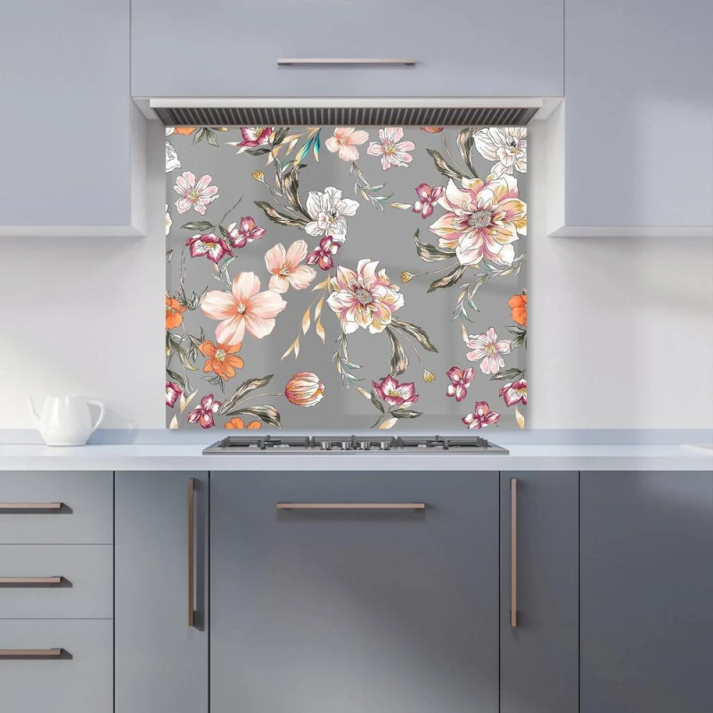 Image of Warren Reed - Designer Peony, Lily, Tulip, Daisy Kitchen Splashback in Grey Size: 600mm x 750mm Grey Unisex 600mm x 750mm