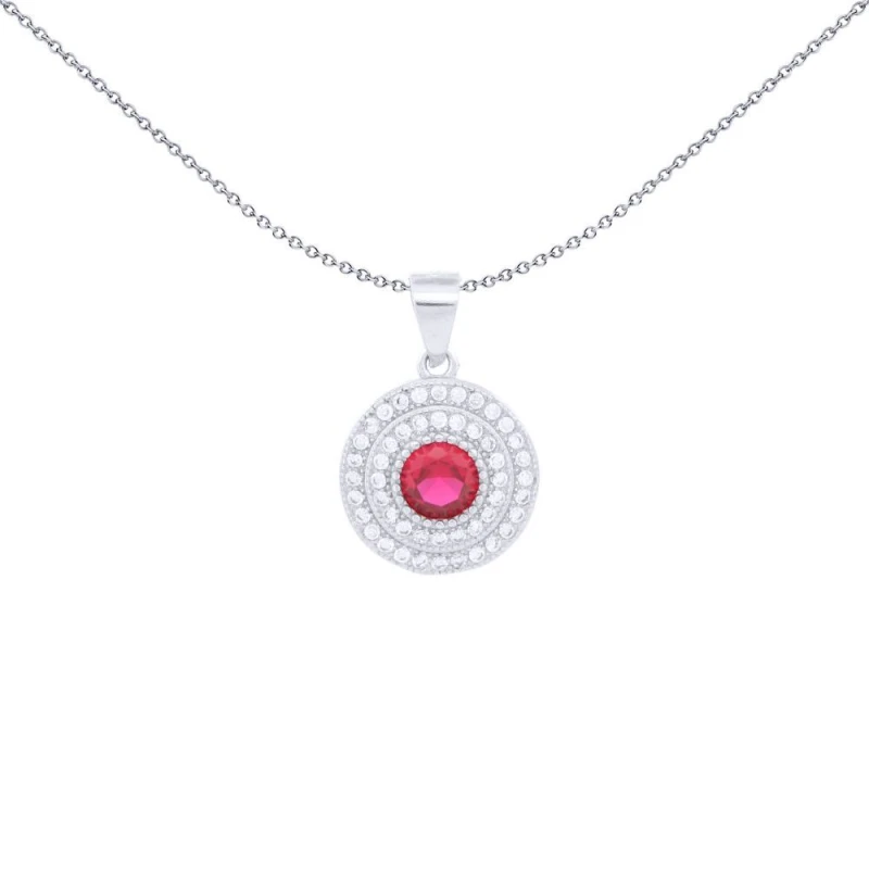 Image of Jewelco London Silver Red CZ Double Halo Solitaire Bullseye Charm Pendant - APD226R Silver