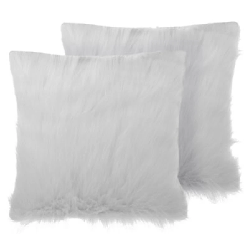 Image of Beliani Set Of 2 Decorative Cushions Daisy Faux Fur 45 X 45cm Light Beige Solid