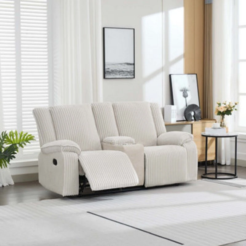 Image of More4Homes Verona 2 Seater Jumbo Cord Manual Recliner Sofa W Drinks Console (Beige)