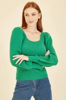 Image of Green Knitted Square Neck Balloon Sleeve