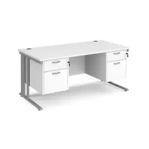 Image of Office Desk Rectangular Desk 1600mm With Double Pedestal White Top With Silver Frame 800mm Depth Maestro 25 MCM16P22SWH