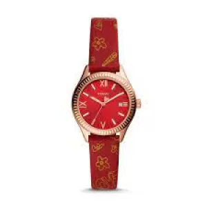 Image of Fossil Womens Rye Three-Hand Date Leather Watch - Red