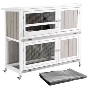 Image of Pawhut Two-tier Wooden Rabbit Hutch With Wheels Trough Rain Cover Tray - Grey