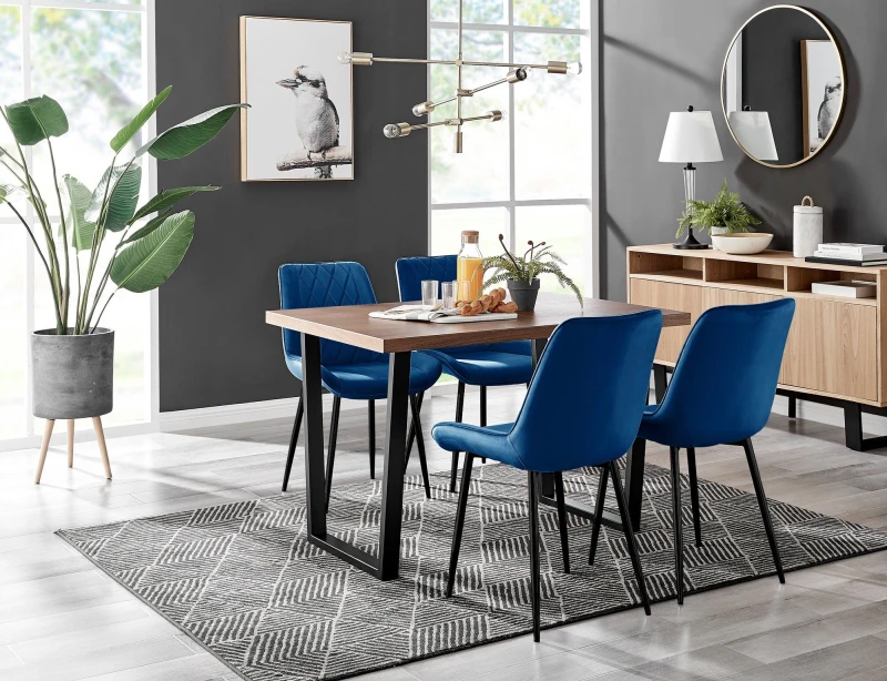 Image of FurnitureboxUK FurnitureboxUK Kylo Brown Wood Effect Dining Table With Black 'U' Legs & 4 Pesaro Velvet Chairs in Navy Navy One Size Unisex 5056542638