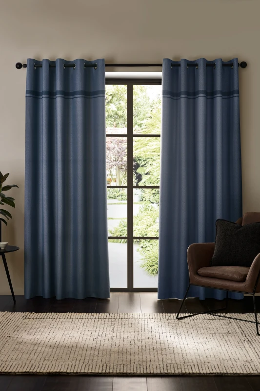 Image of Catherine Lansfield Catherine Lansfield 'Melville' Lined Eyelet Curtains in Blue Size: 229cm width x 229cm drop Blue 229cm width x 229cm drop Unisex