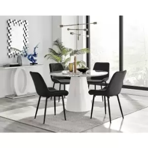 Image of Furniturebox Palma White Marble Effect 120cm Round Minimalist Dining Table & 4 Black Pesaro Black Leg Velvet Chairs