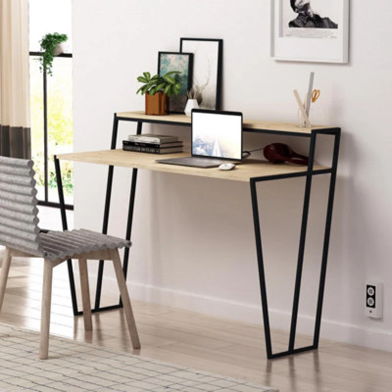 Image of FWStyle Home Office Modern Student Study Desk Natural Oak Black Metal Frame Brown