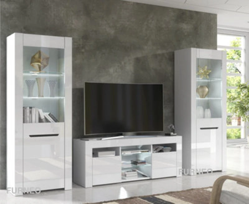 Image of Furneo High Gloss & Matt White Living Room Set TV Stand Display Cabinets Milanow White LED Lights