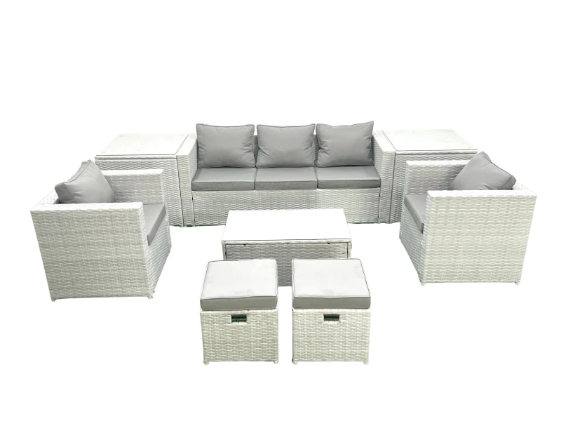 Image of Fimous 7 Seater Rattan Garden Furniture Set with 3 Seater Sofa 2 Chair Rectangular Coffee Table 2 Small Footstools 2 Side Tables Light Grey Mixed Ligh