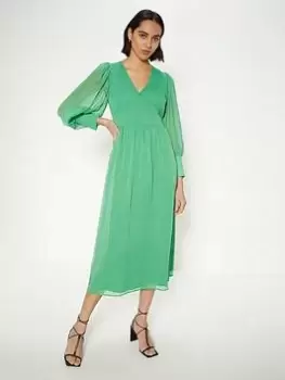 Image of Oasis Puff Sleeve Pleated Midi Dress - Green, Size 14, Women