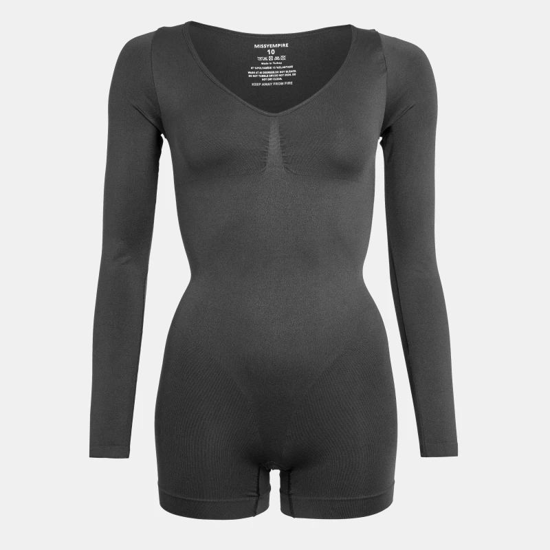 Image of Missy Empire Seamless Long Sleeve Plunge Unitard - Black 10