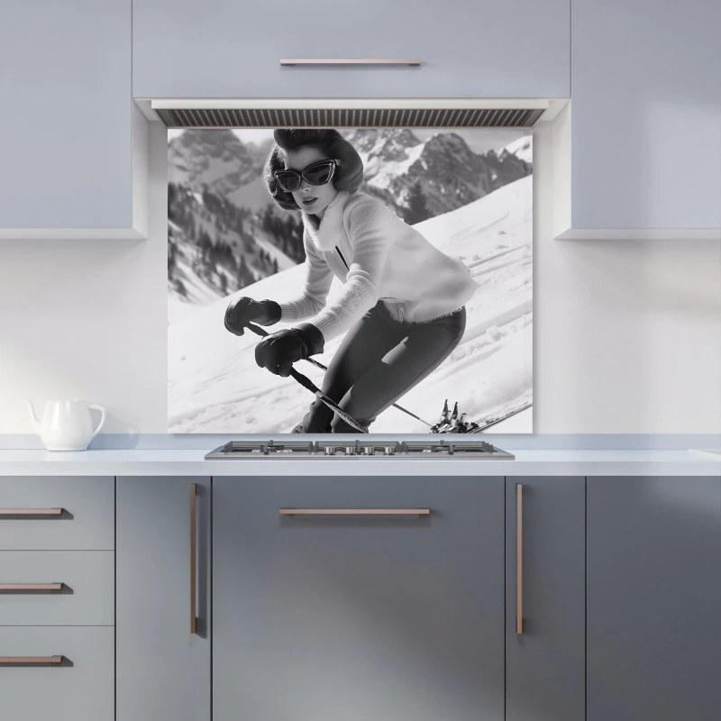Image of Warren Reed - Designer Vintage Skiing Chic Kitchen Splashback in Black Size: 600mm x 650mm Black Unisex 600mm x 650mm