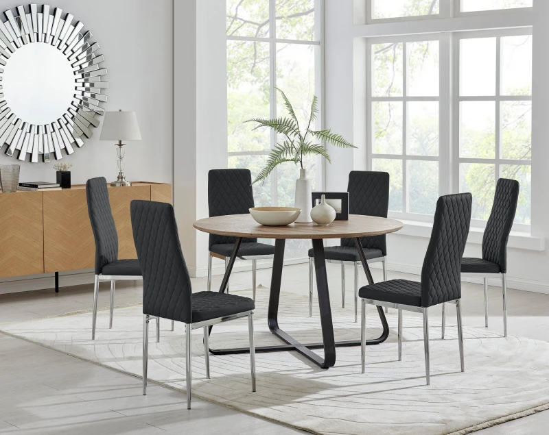 Image of FurnitureboxUK FurnitureboxUK Santorini Brown Wood Effect Dining Table & 6 Milan Chrome Leg Chairs in Black One Size Unisex 5056657123918