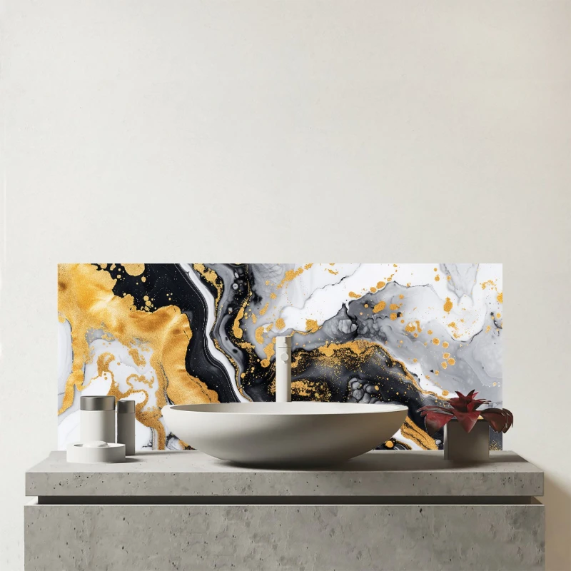 Image of Warren Reed - Designer Gold White & Black Marble Effect Glass Bathroom Splashback Gold Unisex