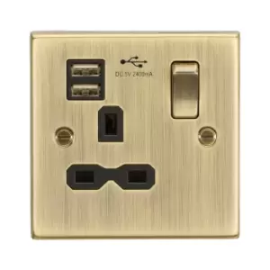 Image of Knightsbridge - 13A 1G Switched Socket Dual usb Charger Slots with Black Insert - Square Edge Antique Brass
