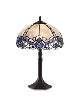 Image of 1 Light Octagonal Table Lamp E27 With 30cm Tiffany Shade, Blue, Clear Crystal, Aged Antique Brass