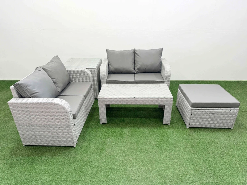 Image of Fimous 5 Seater Outdoor Love Sofa Set Rattan Garden Furniture Set with Oblong Coffee Table Big Footstool Side Table Light Grey Light Grey