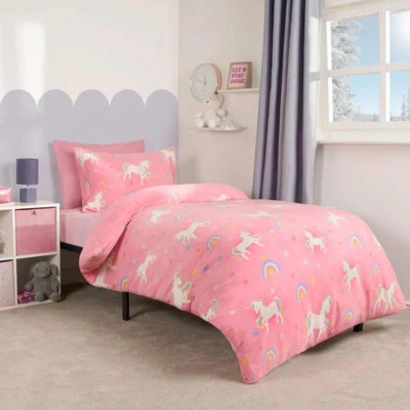 Image of OHS OHS Unicorn Bedding Duvet Cover Set Plush Fleece Warm Quilt in Pink Size: Single Pink Single Unisex 5027434173013