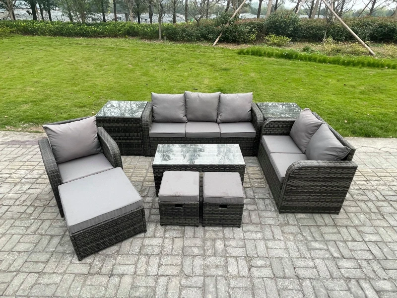 Image of Fimous High Back Rattan Garden Furniture Set with Loveseat Sofa Rectangular Coffee Table 2 Side Tables 3 Footstools Indoor Outdoor Patio Lounge Sofa S
