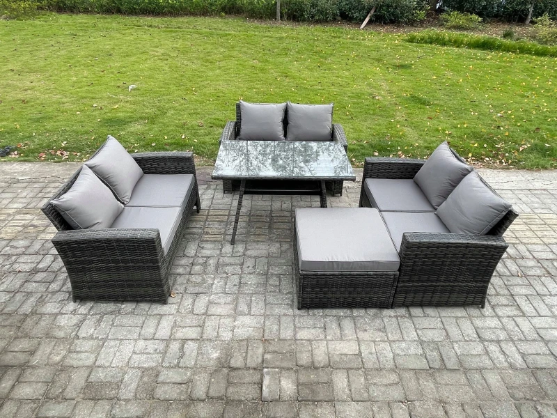 Image of Fimous 7 Seater Rattan Wicker Garden Furniture Patio Conservatory Sofa Set with Rectangular Dining Table Love Seat Sofa in Dark Grey Dark Grey Unisex