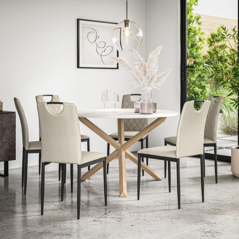 Image of More4Homes Malvern Round Dining Table And Chairs - Marble Table Top W Solid Oak Legs + Monza Fabric Dining Chair Set Of 6 (Beige)