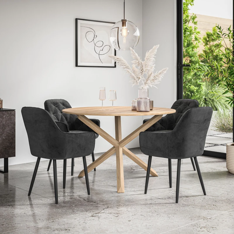 Image of More4Homes Malvern Round Dining Table And Chairs - Oak Table Top W Solid Oak Legs + Anika Velvet Dining Chair Set Of 4 (Black)