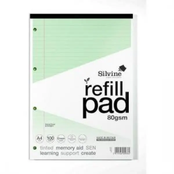 Image of Silvine Silvine SEN Refill Pad A4 With Tinted Coloured Papers 100 Page Ruled With Margin 4 Hole Punched Green (Pack 6) - A4RPTING A4RPTING