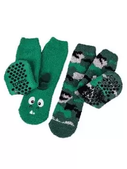 Image of TOTES Kids 2 Pack Super Soft Slipper- Sox Dino - Green, Size 2-3 Years