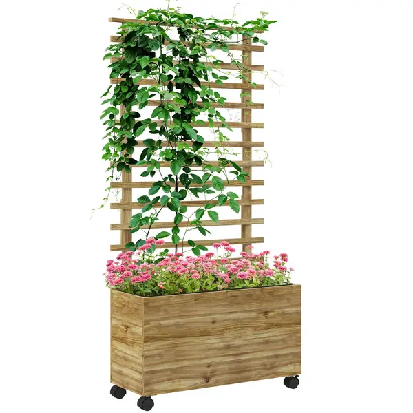 Image of Garden Wooden Trellis Planter Box Raised Bed w/ 4 Wheels