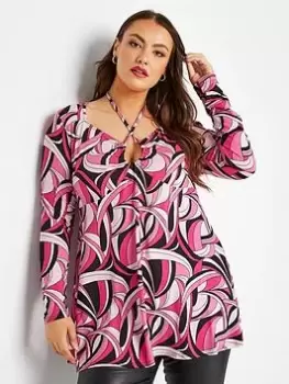 Image of Yours Keyhole Tie Neck Top Pinks Abstract - Pink, Size 14, Women