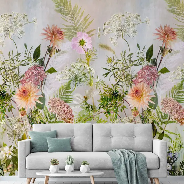 Image of Grandeco Meadow Floral 3 lane repeatable Textured Mural 2.8 x 1.59m Green