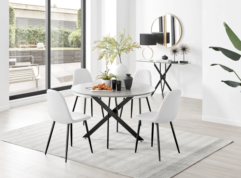 Image of FurnitureboxUK FurnitureboxUK Novara Grey Concrete Effect Black Leg 120cm Round Dining Table & 4 Corona Black Leg Chairs in Off White Off White One Si