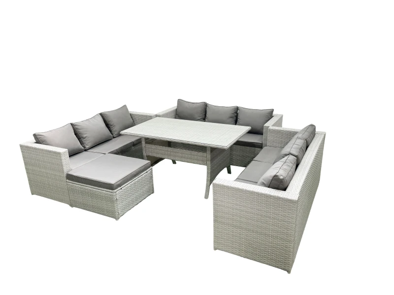 Image of Fimous Rattan Garden Outdoor Furniture Set 10 Seater Garden Sofa Rectangulr Dining Table Set with Big Footstool Light Grey Mixed Light Grey