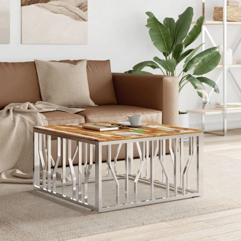 Image of VIDAXL Coffee Table Silver Stainless Steel and Solid Wood Reclaimed Vidaxl 8720287200420