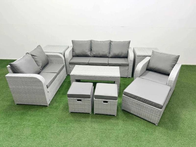 Image of Fimous Patio PE Wicker 9 Seater Outdoor Rattan Furniture Sofa Sets with Oblong Coffee Table Reclining Chair Loveseat Sofa 3 Seater Sofa Stool 2 Side T