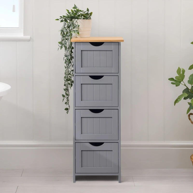 Image of Christow Grey Bathroom Drawer Unit Floor Storage Cabinet With Bamboo Top 82cm Grey