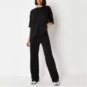 Image of Missguided Rib T Shirt and Wide Leg Trousers Co Ord Set - Black