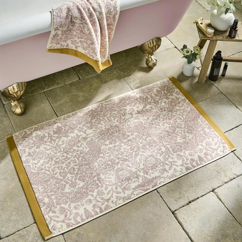 Image of William Morris At Home Strawberry Thief Bath Mat 50cm x 90cm Plaster Pink