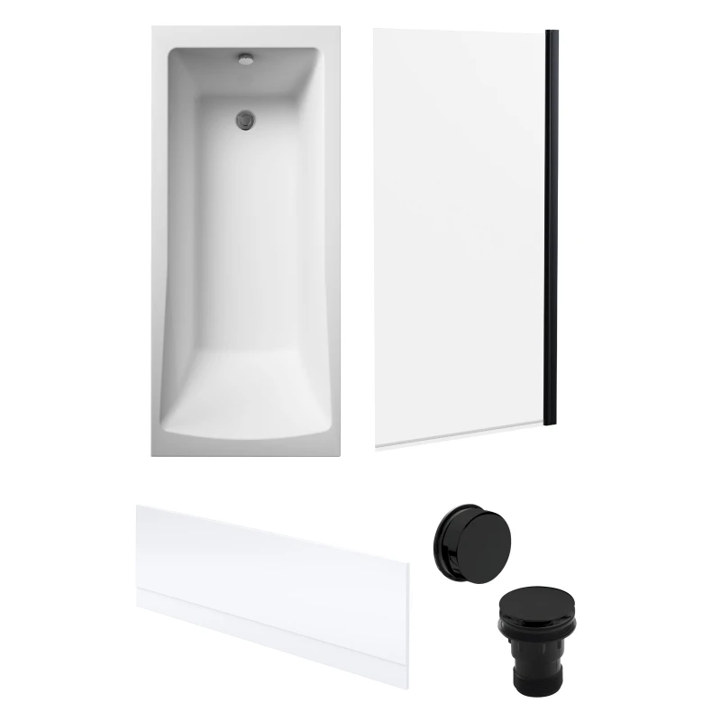 Image of Balterley Square Bath, Black Screen, Front Panel and Black Waste -1700x700mm Black