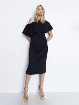 Image of Warehouse Scuba Ruffle One Shoulder Dress - Black, Size 8, Women