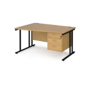 Image of Office Desk Left Hand Wave Desk 1400mm With Pedestal Oak Top With Black Frame Maestro 25 MC14WLP3KO