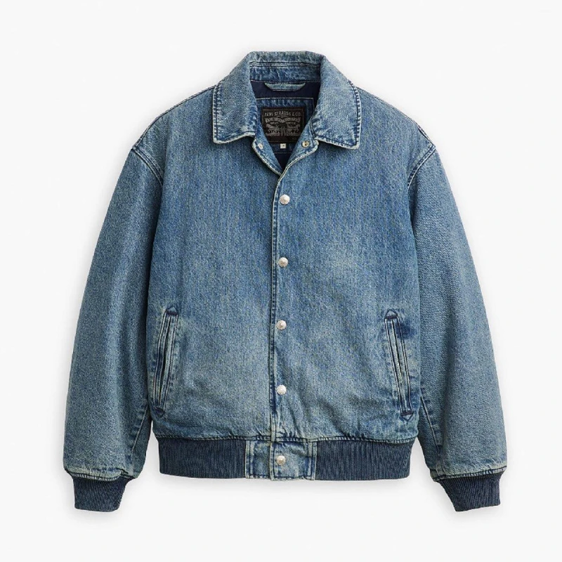 Image of Denim Lined Bomber Jacket with Button Fastening