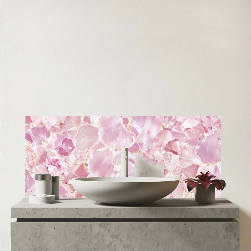 Image of Warren Reed - Designer Light Pink Quartz Effect Glass Bathroom Splashback Pink Unisex
