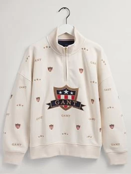 Image of Boys, Gant Kids Banner Shield Half Zip Sweat Top - Cream, Size 9-10 Years