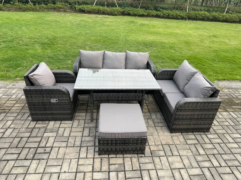 Image of Fimous 7 Seater Garden Rattan Furniture Dining Table Sofa Set Indoor Outdoor with Reclining Chairs Big Footstool Dark Grey Mixed Dark Grey Unisex
