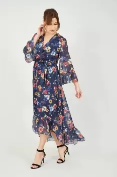Image of Navy Bird And Floral Print Wrap Dress