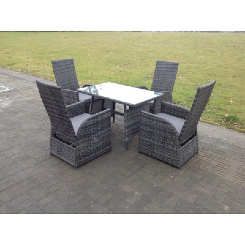 Image of Fimous Oblong Table Adjustable Reclining Chair Rattan Dining Set Garden Furniture Table And Chair Set 4 Chairs Dark Grey